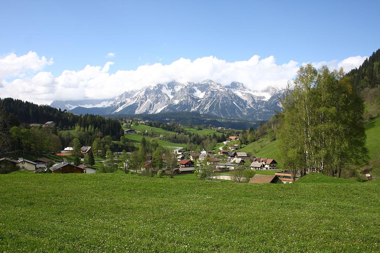 Alpine green environment, mountains in the background.